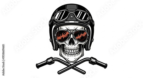 Skull Wearing Motorcycle Helmet with Goggles.