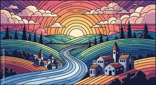 Vibrant Village Scene with Rolling Hills.