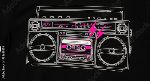 Vintage Boombox with Neon Lights Illustration.