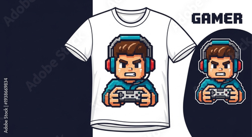 Gamer Cartoon Character on White T Shirt.