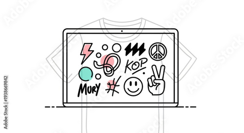 Hand drawn emoticons on laptop screen.