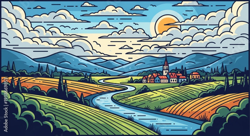 Stylized Landscape with River and Village.