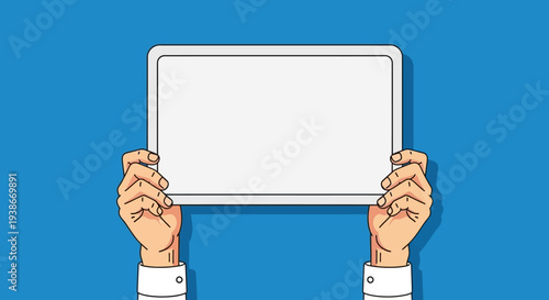 Hands holding a blank digital tablet.