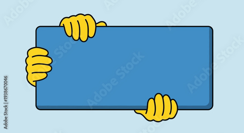 Hands holding blue rectangular signboard illustration.
