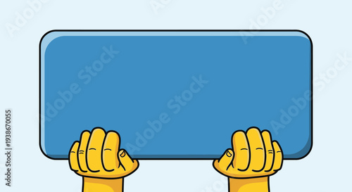 Hands Holding Blue Signboard Blank Space.