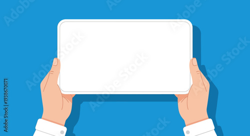 Hands Holding White Blank Digital Tablet.