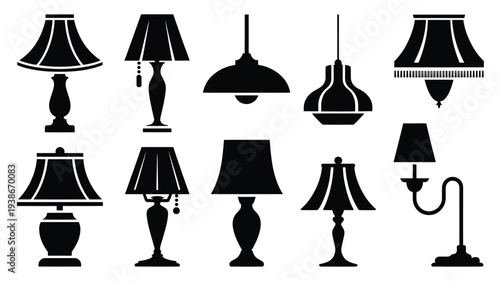 A clean and modern vector illustration showcasing a variety of lamps and light fixtures in black silhouette on a white background, perfect for design and decoration concepts.