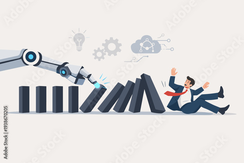 Artificial Intelligence AI Robot Arm Pushing Dominoes to Disrupt Human Work and Jobs, Businessman Falling from Automation Impact, Future Technology Challenge and Job Market Uncertainty Concept.