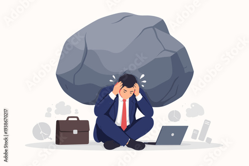Stressed Businessman Sitting Under a Giant Heavy Boulder Representing Work Pressure, Financial Burden, Debt, and Mental Stress in a Corporate Environment, Feeling Overwhelmed by Big Problems.