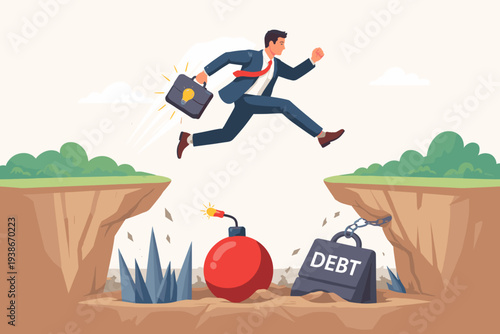 Businessman jumping over a dangerous chasm filled with debt, bombs, and spikes. Metaphor for overcoming business risks, financial problems, and obstacles through innovation and smart thinking.