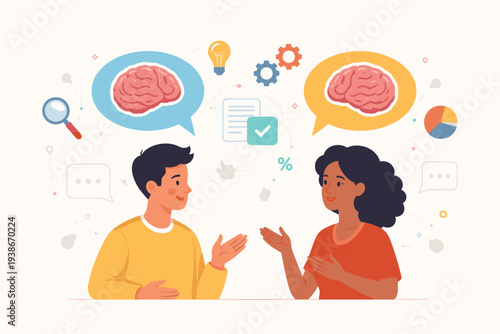 Two people talking with brain speech bubbles and icons for ideas, data, and logic, representing effective communication, psychological understanding, brainstorming, debate, and collaboration.