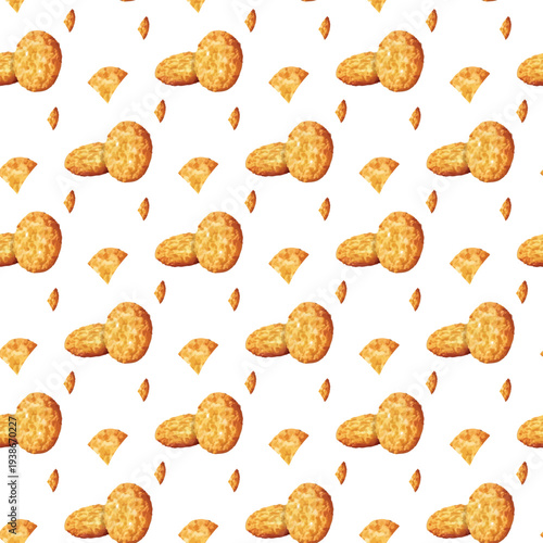 Colorful pattern of golden fried snacks on a white background.