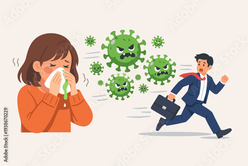Sick Woman Sneezing and Spreading Virus Germs to a Scared Businessman Running Away; Concept of Flu Infection, Coronavirus Outbreak, and Contagious Disease Transmission in Public Office Places