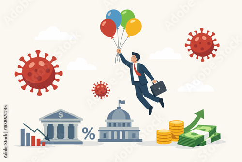 Businessman flying with balloons over bank and government buildings during coronavirus pandemic, representing economic recovery, financial stimulus, and business resilience during COVID-19 crisis.