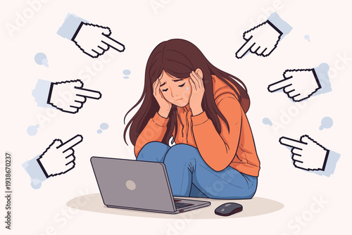 Cyberbullying and Online Harassment Concept with a Sad Young Woman Crying in Front of a Laptop while Pixelated Hands Point at Her, Illustrating Social Media Abuse, Digital Hate, and Mental Health.