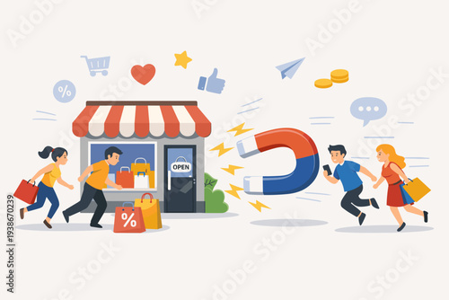 Customer Retention Marketing Strategy with Giant Magnet Pulling People to Retail Store for Shopping. Business Promotion to Attract New Clients and Drive Sales Growth in E-commerce and Retail.