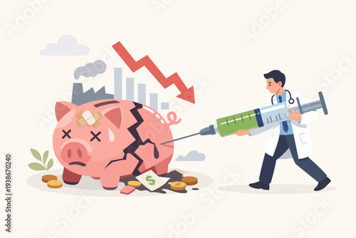 Doctor Injecting a Broken Piggy Bank with a Giant Syringe as a Metaphor for Economic Stimulus, Quantitative Easing, and Monetary Policy Recovery during a Financial Crisis or Global Recession.