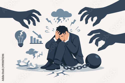 Depressed businessman sitting shackled to a ball and chain, feeling fear of failure and anxiety as giant shadow hands reach out, representing burnout, work stress, and mental health struggles.