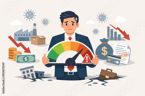 Sad Businessman Facing Financial Crisis and Bankruptcy due to COVID-19 Pandemic, Holding a Gauge in Red Danger Zone with Falling Market Trends, Debt, and Unpaid Bills Vector Illustration.