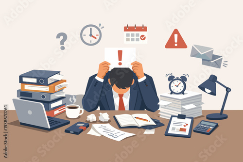 Stressed Businessman Overwhelmed by Heavy Workload at Office Desk with Piles of Documents, Laptop, and Alarm Clock, Holding an Exclamation Mark Sign Asking for Help and Support with Deadlines