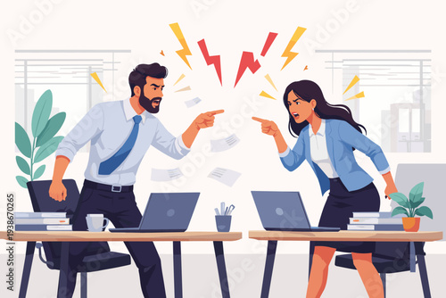 Two colleagues arguing in the office, professional workplace conflict and dispute between man and woman coworkers, shouting and pointing fingers at each other, toxic work environment concept.