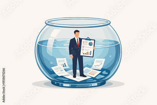 Business Transparency and Data Disclosure Concept with Businessman Standing in a Fishbowl Holding Financial Reports and Charts for Public Scrutiny, Corporate Integrity, and Accountability