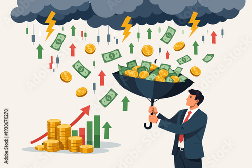 Businessman catching falling money and coins with an umbrella under a storm cloud. Concept of passive income, stock market investment, financial growth, profit, dividends, and wealth creation.
