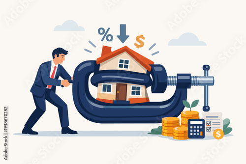 Businessman Using a Large Clamp to Squeeze a House for Mortgage Refinance, Reducing Interest Rates and Monthly Payments, Financial Management for Better Real Estate Deals and Lowering Home Costs.