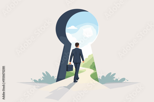Businessman in suit with briefcase walking through a giant keyhole opening to a bright landscape, symbolizing business success, career opportunity, vision, new beginnings, and future growth path.