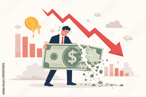 Businessman Holding Crumbling Dollar Bill During Financial Crisis and Economic Downturn with Falling Red Arrow and Stock Market Crash Graph Representing Investment Loss and Inflation Concept