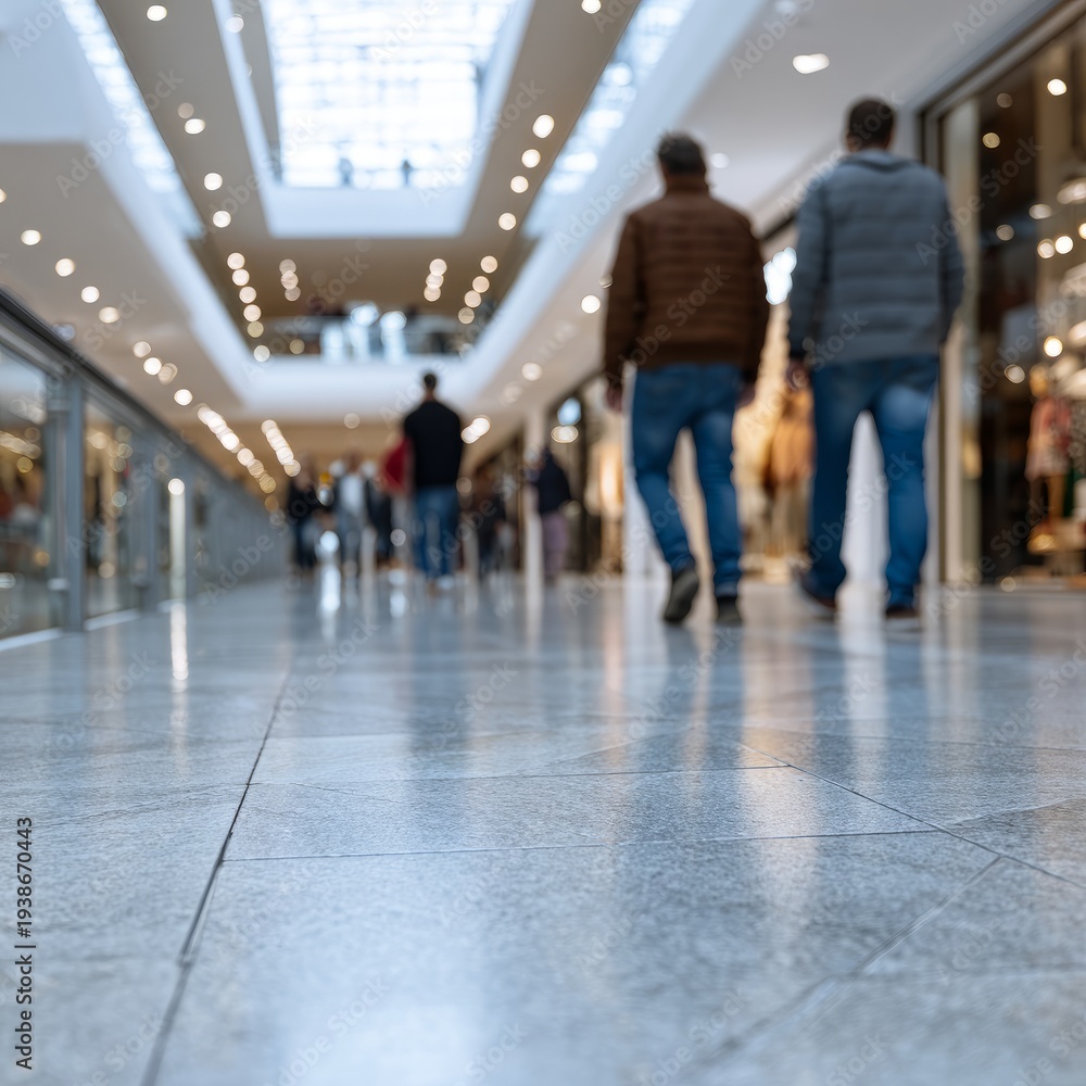 Fototapeta premium Shoppers walking in modern mall with glass railings and bright lighting