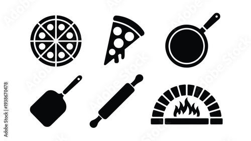 A set of crisp black silhouettes depicting pizza making elements, including a whole pizza, slice, pan, shovel, roller, and brick oven, on a clean white background, perfect for culinary designs.