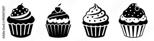 Set of four delicious cupcakes with frosting and sprinkles vector illustration flat design icon pack