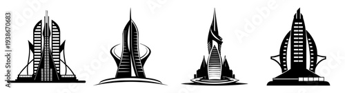 Futuristic skyscraper cityscape icon pack flat design vector illustration scalable graphic