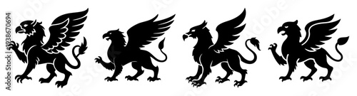 Set of four mythical griffin birds in dynamic poses flat design vector illustration scalable graphic