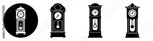Set of four vintage grandfather clocks vector illustration, flat design time icons, retro wall clock collection, scalable graphic art