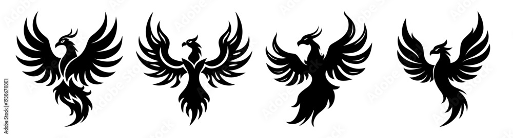 Fototapeta premium Set of four black phoenix birds flying in formation flat design vector illustration scalable graphic