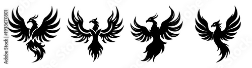 Set of four black phoenix birds flying in formation flat design vector illustration scalable graphic
