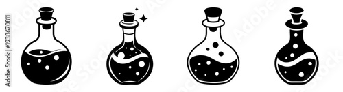 Set of four magic potion bottles with cork stoppers flat design vector illustration