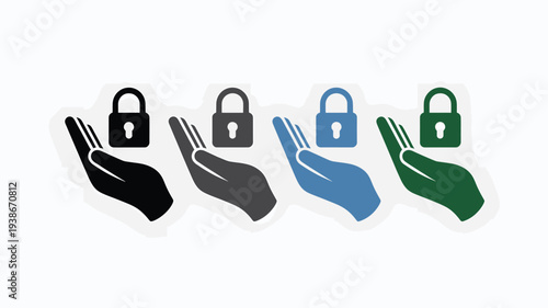 A minimalist graphic illustration featuring four hands holding locks in black, gray, blue, and green colors, symbolizing security and protection in a clean and modern flat design style.