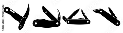 Set of pocket knives vector illustration, flat design camping survival tools, black and silver blades, scalable multipurpose icon pack