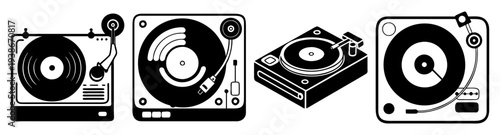 Vintage record player set with vinyl discs and turntable vector illustration flat design icon pack