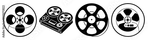 Vintage reel to reel tape recorder and cassette flat design vector illustration icon pack set