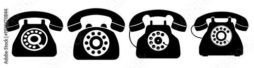 Set of four vintage rotary telephones black and white flat design vector illustration icon pack
