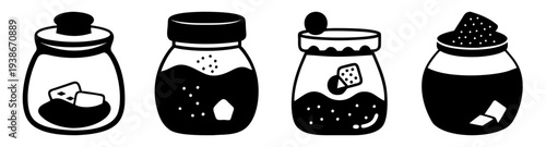 Set of four sugar jars with spoons and sugar cubes vector illustration flat design icon pack