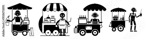 Street food vendor robots serving snacks and drinks flat design vector illustration icon pack