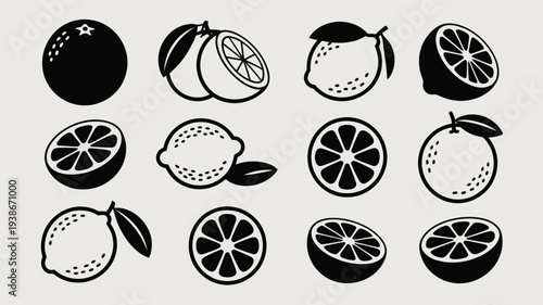 A minimalist collection of black and white citrus fruit icons, including oranges, lemons, and limes, in various cuts and states, on a light gray background.