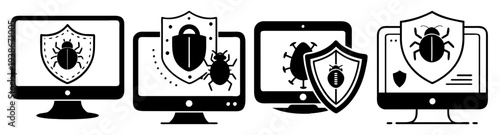 Antivirus Security Shield Icon Pack Flat Design Vector Illustration on Computer Screens
