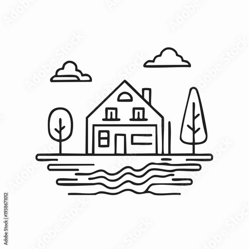 Simple House Illustration with Flooding Water.