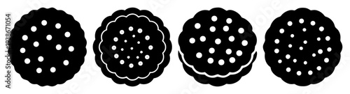 Black and white biscuit icons set with crumb texture flat design vector illustration